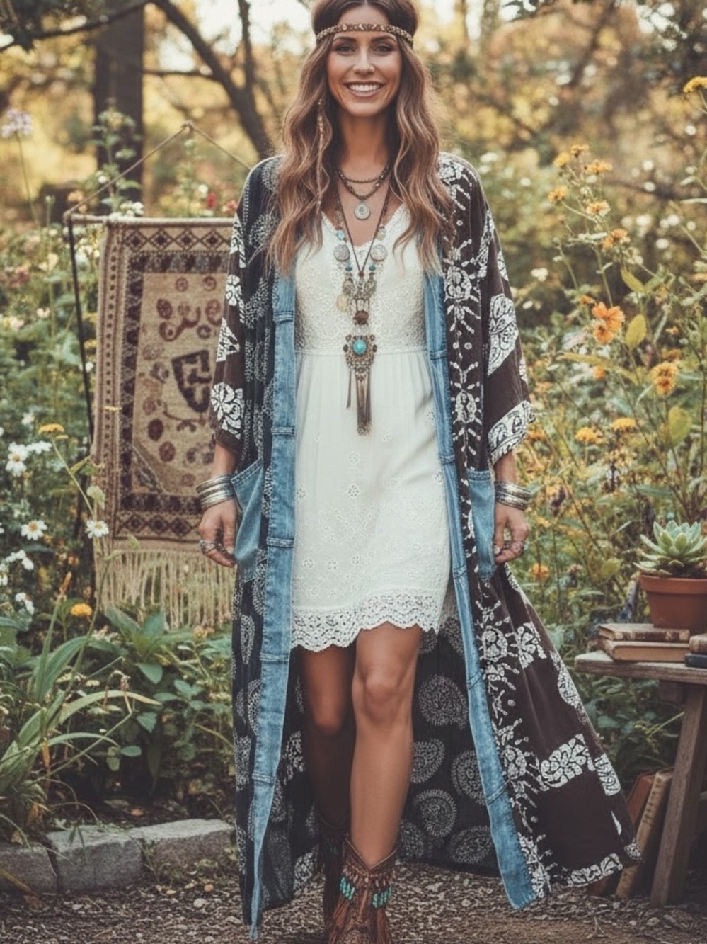 Boho Denim Trim Duster Cardigan Robe Kimono NWT Large